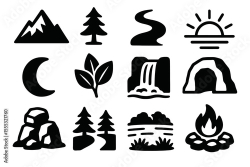 12 black nature landscape icons. Solid vector for outdoors, wilderness and exploration.