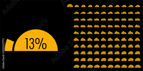 Set of semicircle percentage progress bar diagrams meters from 0 to 100 ready-to-use for web design, user interface UI or infographic - indicator with yellow