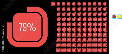 Set of rectangle percentage diagrams meters from 0 to 100 ready-to-use for web design, user interface (UI) or infographic - indicator with red