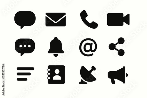 12 black communication icons. Solid vector symbols for messaging, calls and connectivity.