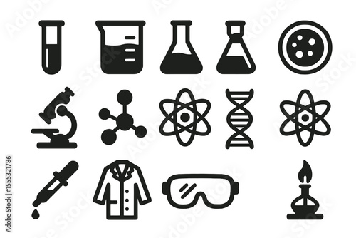 Black set of 12 lab icons. Minimal vector for scientific experiments and discovery.

