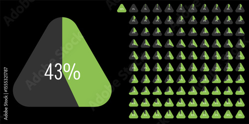 Set of triangle percentage diagrams meters from 0 to 100 ready-to-use for web design, user interface UI or infographic - indicator with green