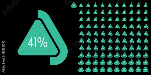 Set of triangle percentage diagrams meters from 0 to 100 ready-to-use for web design, user interface UI or infographic - indicator with green