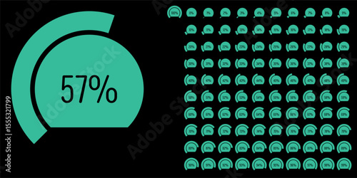 Set of circular sector arc percentage diagrams meters progress bar from 0 to 100 ready-to-use for web design, user interface UI or infographic - indicator with green