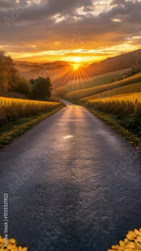Golden Sunset Over Countryside Road With Rolling Fields And Dramatic Sky Beautiful Peaceful Scenic Nature Landscape

