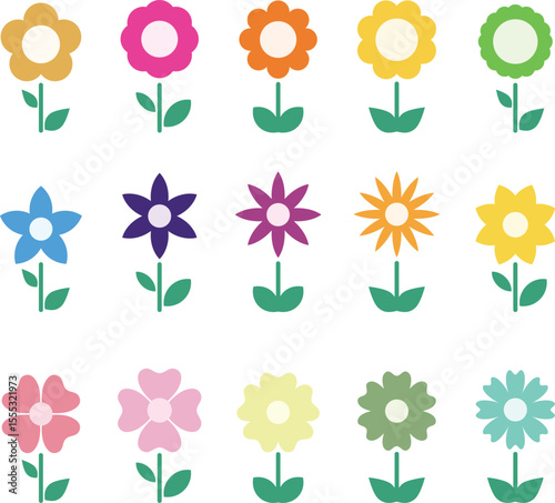 Flat Colorful Vector Illustration of Decorative Flower Icons Collection for Infographic and Template Design