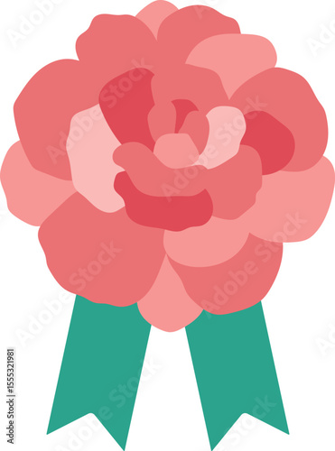 Flat Minimal Vector Illustration of Pink Carnation Flower Badge with Ribbon for Celebration and Mother’s Day Design