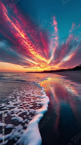 Dramatic Colorful Sunset Sky Reflected On Ocean Waves With Foamy Shoreline Beautiful Scenic Coastal Nature Landscape

