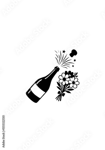 Celebration Icon with Popping Champagne Bottle and Flower Bouquet Symbolizing Party, Romance, Special Events and Festive Occasions
