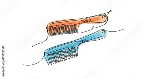 Two combs – one-line doodle drawing with watercolor fill, minimal vector on white