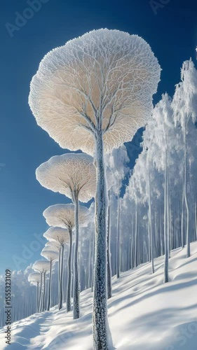 Surreal Snow Covered Tall Trees With Umbrella Shaped Crowns On Winter Hillside Under Clear Blue Sky Fantasy Landscape


