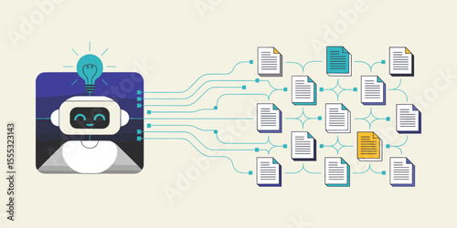 ai chatbot processing a grid of documents, vector illustration for accessing a vast knowledge base, information retrieval and big data analysis