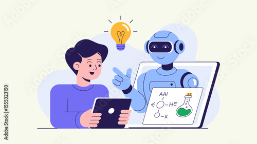 student learning with ai tutor from a tablet, vector illustration for educational assistant, e-learning technology and personalized online science class
