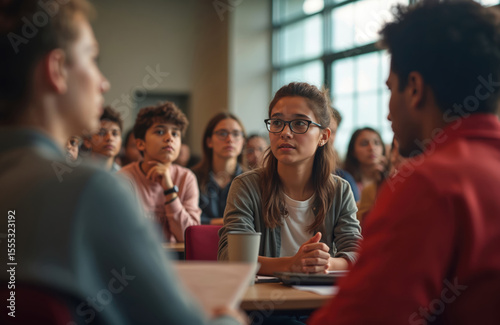 Group of young people in a public forum. Active citizens discuss important social issues. Teenagers listen to speakers. Activists debate. Young people talk about solutions. Diverse audience.