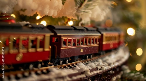 Toy train in holiday spirit: A toy train with red and gold carriages circles beneath a Christmas tree, surrounded by sparkling lights and festive decorations.