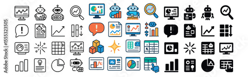 Business analytics icons set – outline, data analysis and management symbols