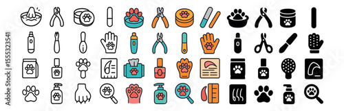 Pet grooming icons set – outline, animal care and hygiene symbols for your design