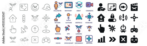 Drone operations icons set – flat, aerial navigation and remote control symbols