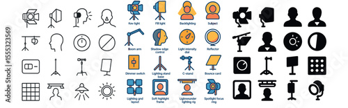 Photography equipment icons set – linear, camera gear and lighting symbols