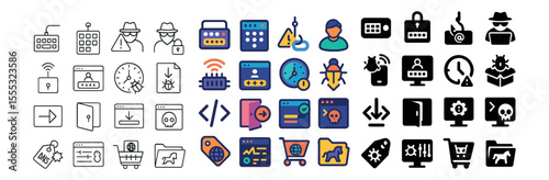 Cybersecurity and hacking icons set – outline and silhouette tech security symbols