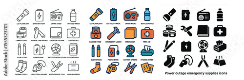 Emergency supplies icons set – outline, preparation and survival design elements