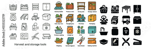 Harvest and storage tools icons set – flat, produce conservation and farming symbols