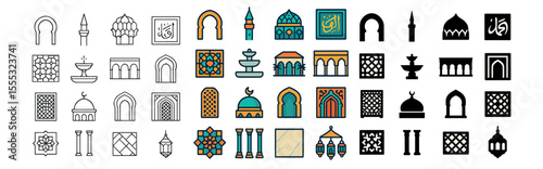 Islamic architecture icons set – outline, mosque and cultural building symbols