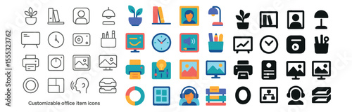 Office and workspace icons set – flat, productivity and business symbols