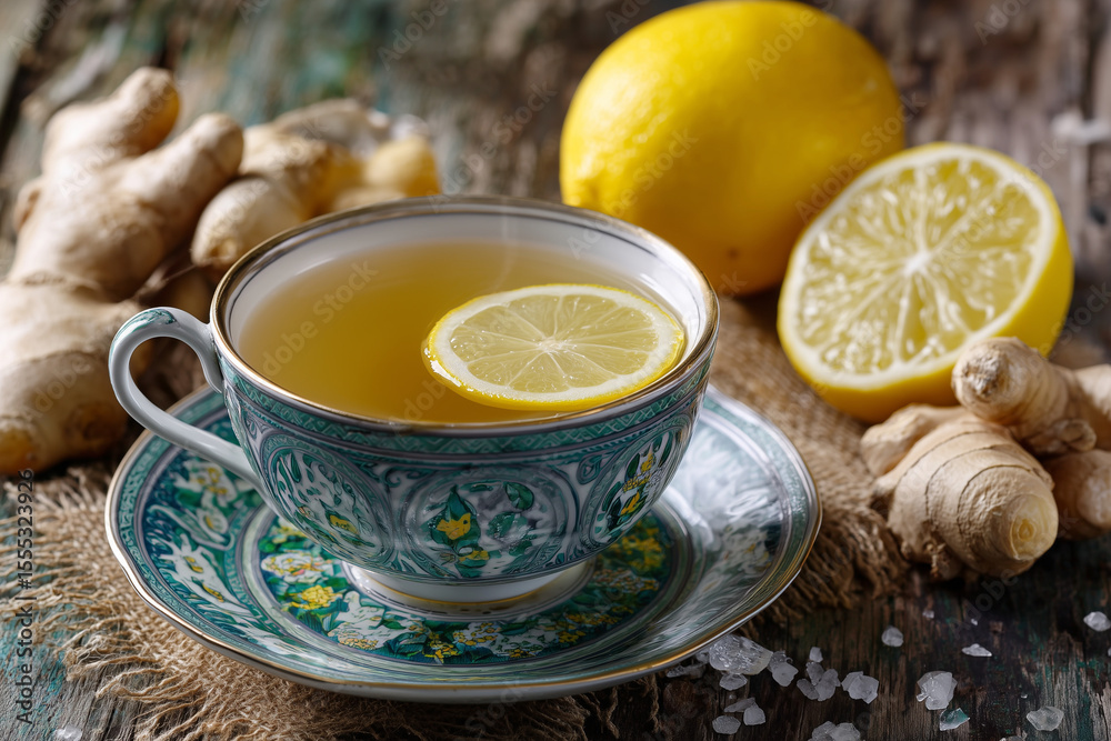 Aromatic ginger lemon tea: invigorating herbal tea with fresh lemon Aromatic ginger lemon tea: invigorating herbal tea with fresh lemon