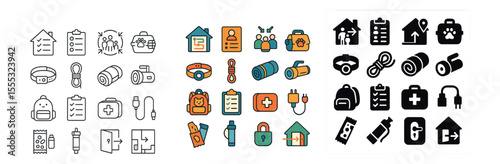 Pet care and accessories icons set – flat, animal welfare and veterinary symbols