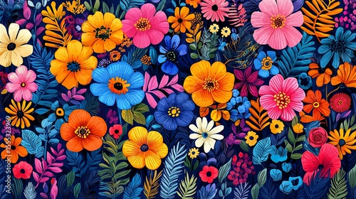 Vibrant floral design, garden of colorful flowers, dark background, decorative pattern
