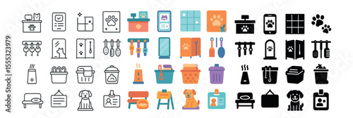 Pet care linear icons set – flat, animal grooming and accessories symbols
