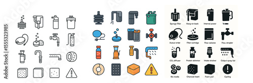Aquarium equipment icons set – outline, fish tank tools and aquatic symbols