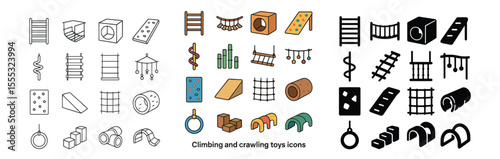 Climbing and crawling toys icons set – outline, fun and playful designs
