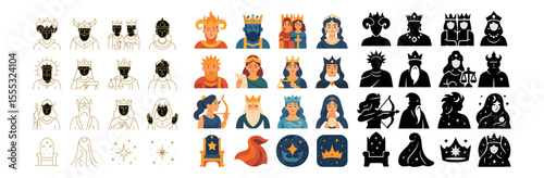 Royalty icons set – flat, monarch and regal design elements for creative projects