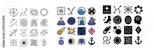 Astronomy and space icons set – outline, celestial and cosmic symbol collection