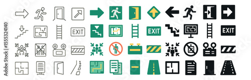Emergency exit and safety icons set – outline, escape, evacuation symbols for navigation