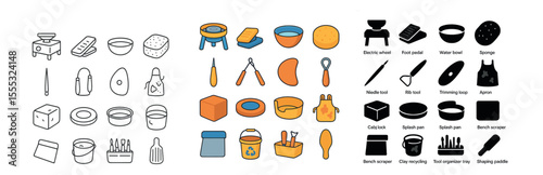 Pottery and ceramics icons set – outline and flat style, crafting and artisan symbols