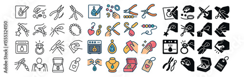 Jewelry making icons set – outline, crafting and design tool symbols for creators
