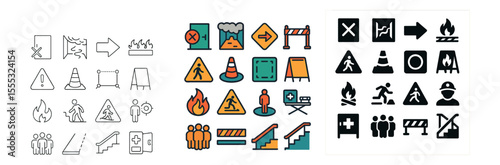 Safety and hazard icons set – linear style, warning and caution symbols
