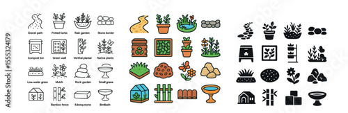 Gardening and landscaping icons set – flat, garden tools and outdoor decoration graphics