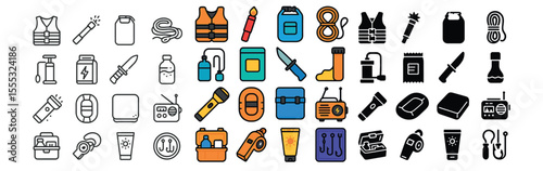Survival equipment icons set – flat, emergency gear and outdoor adventure symbols