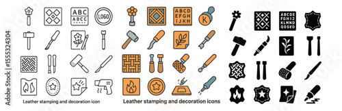 Leather craft icons set – outline, designing and stamping symbols for artisans