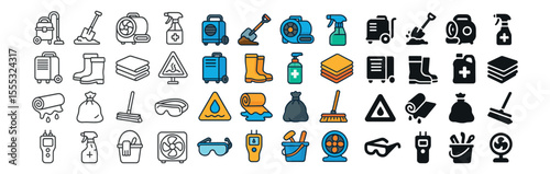 Cleaning and maintenance icons set – outline, sanitation and housekeeping symbols