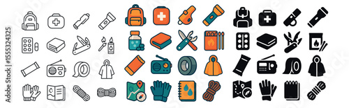 Emergency and survival essentials icons set – flat, preparedness and safety symbols