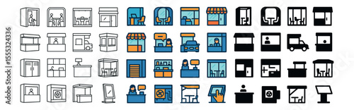 Storefront icons set – outline, shop and market front views for retail design