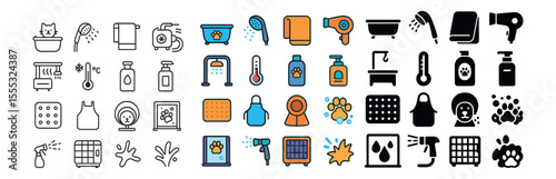 Pet care and grooming icons set – outline, animal hygiene and wellness symbols
