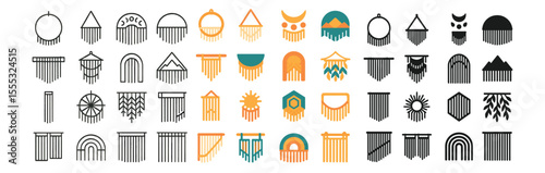 Bohemian tapestry icons set – outline, artistic and decorative symbol collection