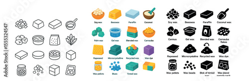 Wax types icons set – silhouette, candle-making and crafting symbols