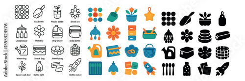 Household and kitchen icons set – silhouette, flat, and outline style symbols